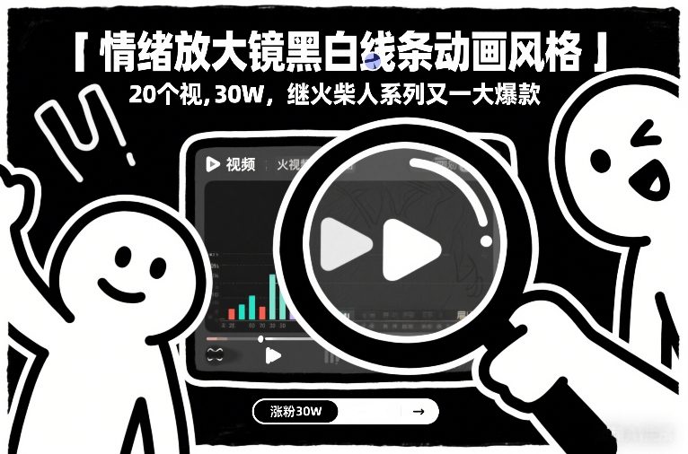 情绪放大镜黑白线条动画风格,20个视频,涨粉30W,继火柴人系列又一大爆款-K6源码网
