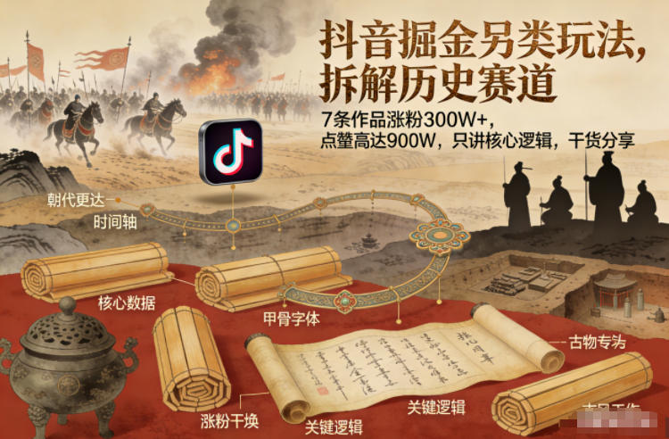抖音掘金另类玩法,拆解历史赛道,7条作品涨粉300W+,点赞量高达900W,只讲核心逻辑,干货分享-K6源码网