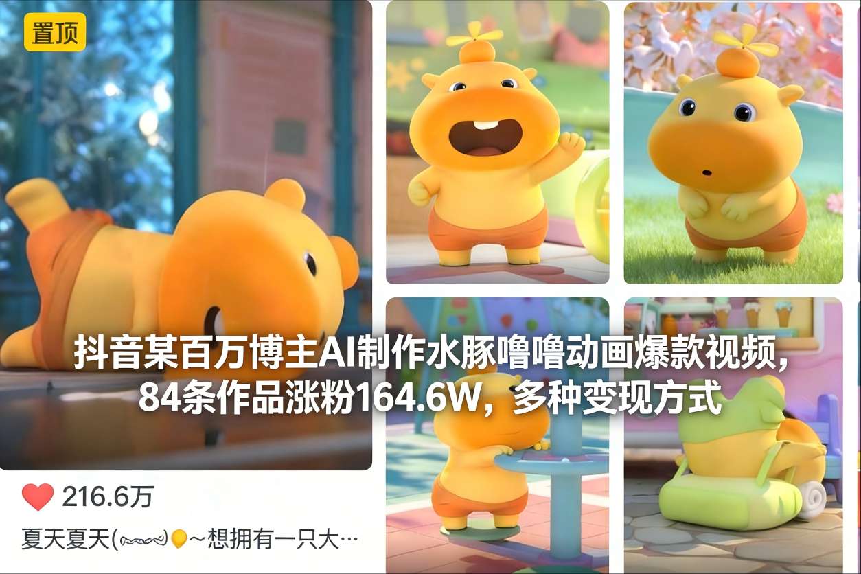 抖音某百万博主AI制作水豚噜噜动画爆款视频,84条作品涨粉164.6W,多种变现方式-K6源码网