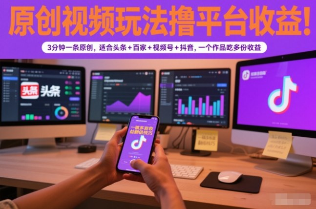 原创视频玩法撸平台收益,3分钟一条原创,适合头条+百家+视频号+抖音,一个作品吃多份收益-K6源码网