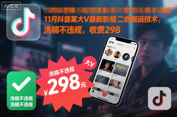 11月抖音某大V最新影视二创搬运技术,洗稿不违规,收费298-K6源码网