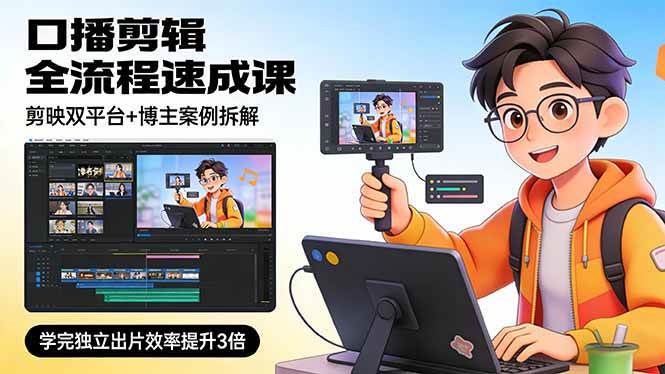 (17420期)口播剪辑全流程速成课,剪映双平台+博主案例拆解,学完独立出片效率提升3倍-K6源码网