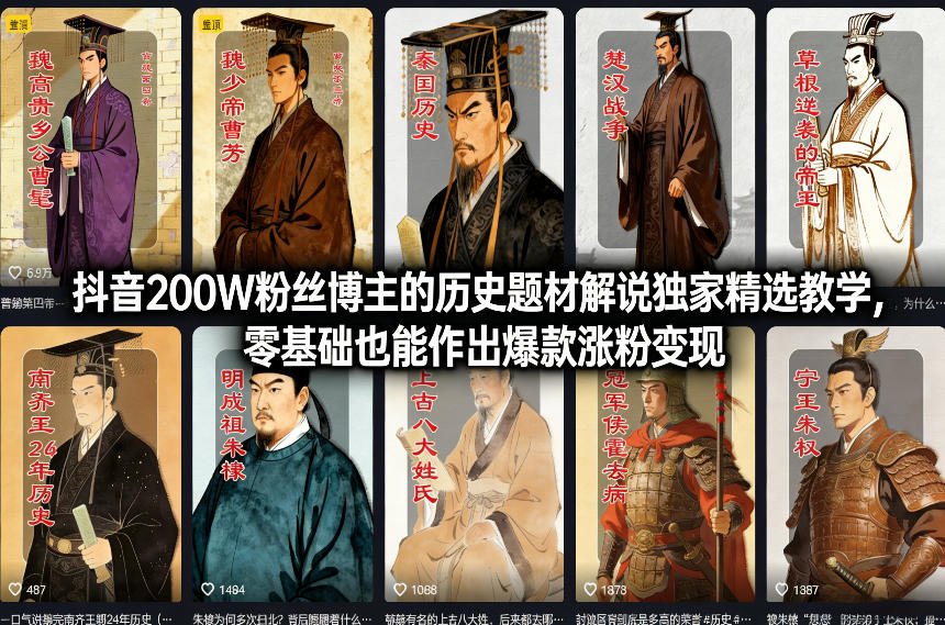 抖音200W粉丝博主的历史题材解说独家精选教学,零基础也能作出爆款涨粉变现-K6源码网