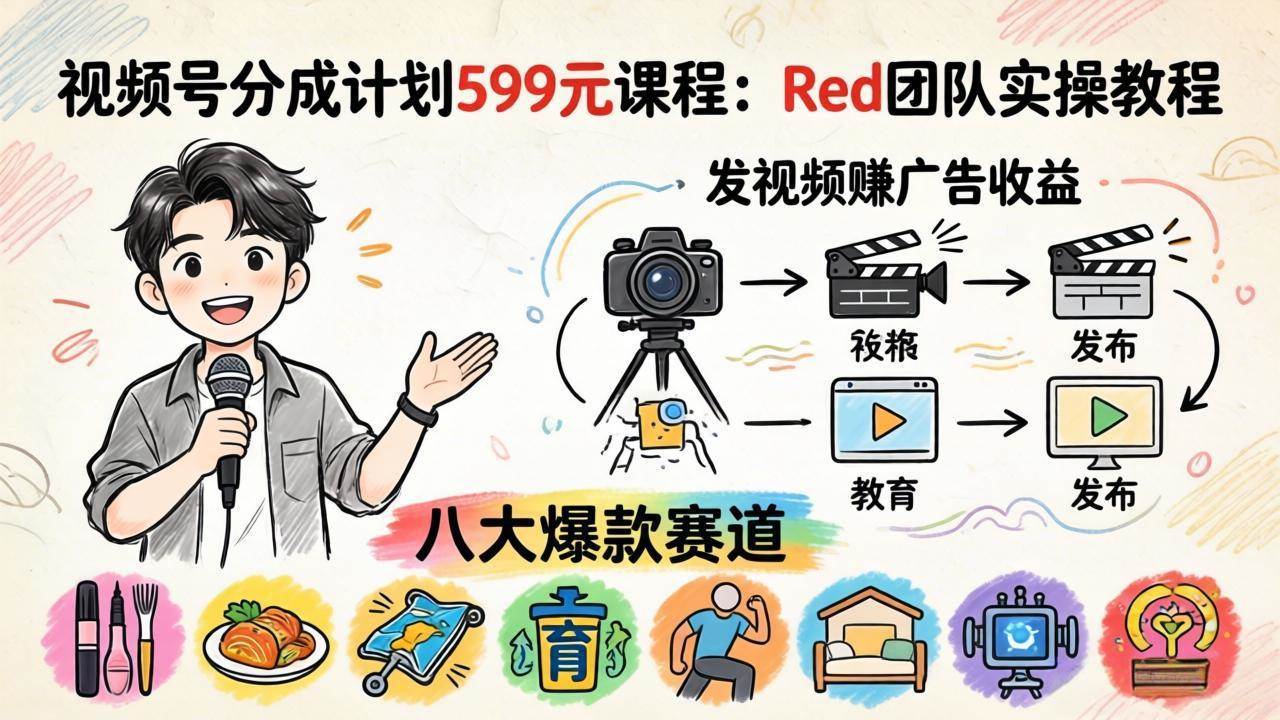 (18088期)视频号分成计划599元课程:Red团队实操教程,发视频赚广告收益,八大爆款赛道全掌握-K6源码网